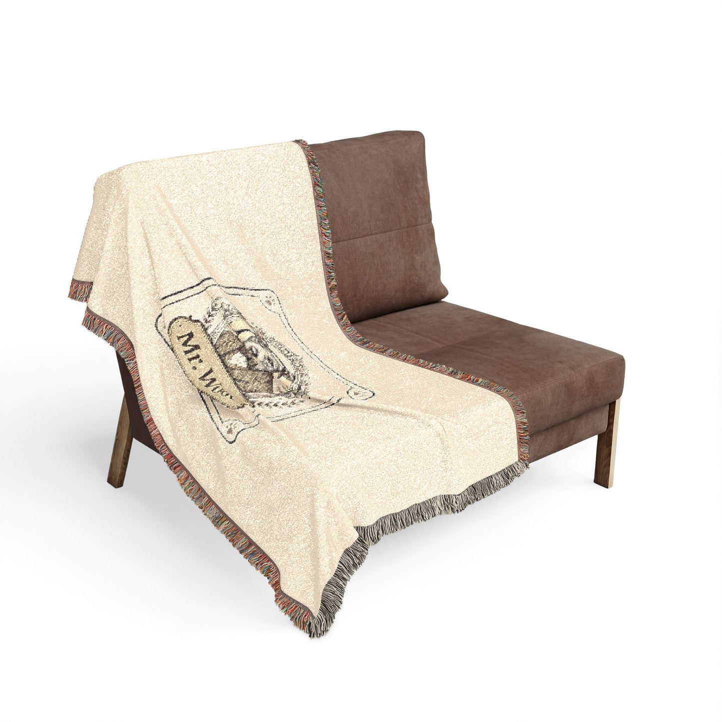 100% cotton Woven Blanket with a design of a dog named 'Mr. Woof'