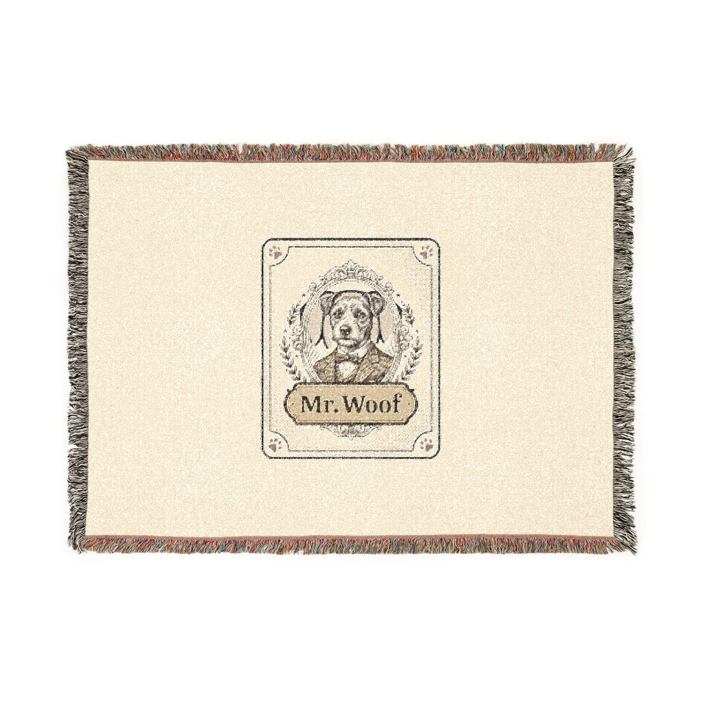 100% cotton Woven Blanket with a design of a dog named 'Mr. Woof'