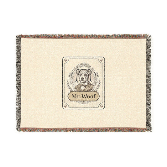 100% cotton Woven Blanket with a design of a dog named 'Mr. Woof'