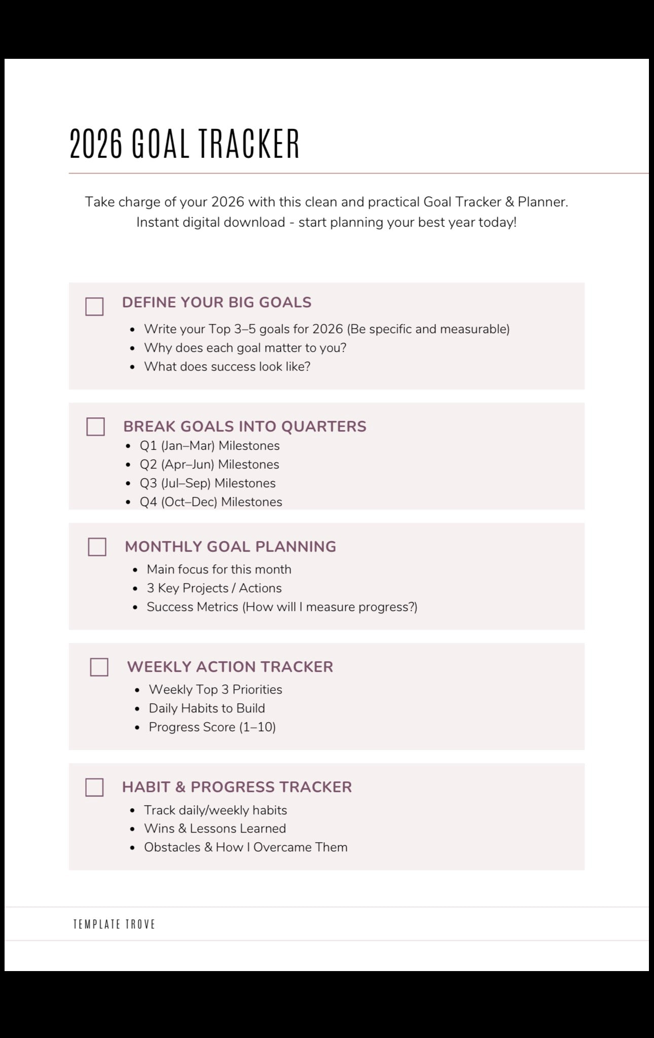 2026 Goal Tracker & Planner | Digital PDF + Notion Template