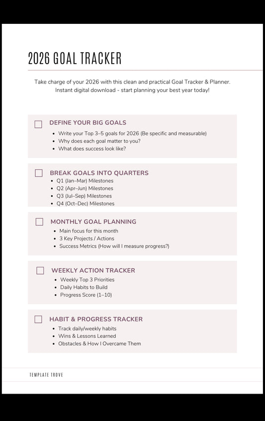 2026 Goal Tracker & Planner | Digital PDF + Notion Template